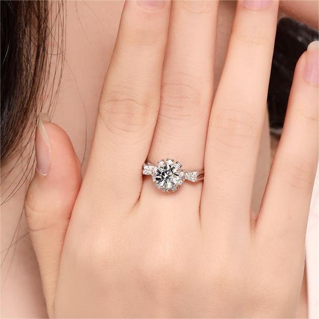 925 Silver D Colour Moissanite Diamond Flower Wrap Ring Closed