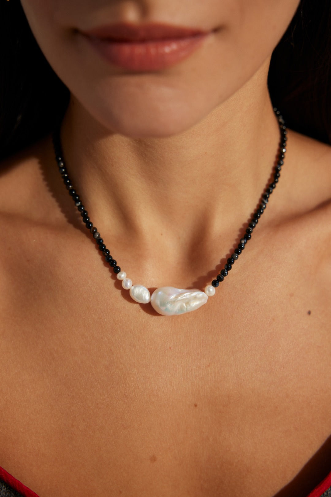 925 Silver Simple Natural Pearl Onyx Necklace